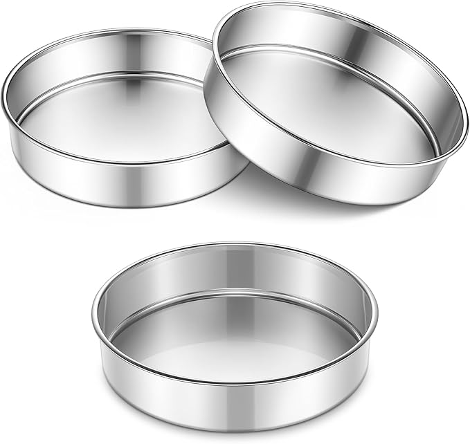 P&P CHEF 9 Inch Cake Pan Set of 3, 3 Pieces Round Layer Cake Baking Pans, Stainless Steel Smash Cake Tin Bakeware for Cooking Steaming, Nontoxic & Sturdy, Oven & Dishwasher Safe