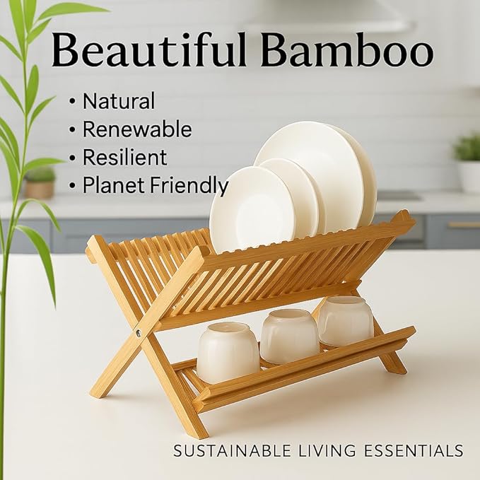 HIC Kitchen Bamboo Folding Dish Drying Rack, 20.5 x 13-Inches