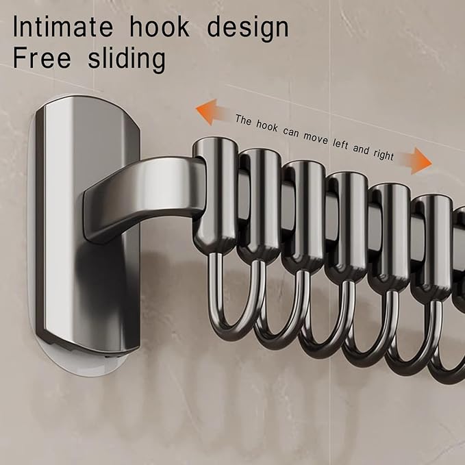 Rail Rack Organizer Self Adhesive Kitchen Utensil Rack Aluminum Wall Mounted Hanging Rail 8 Removable Hooks Pots Pans Spoons Knives,Black,45cm