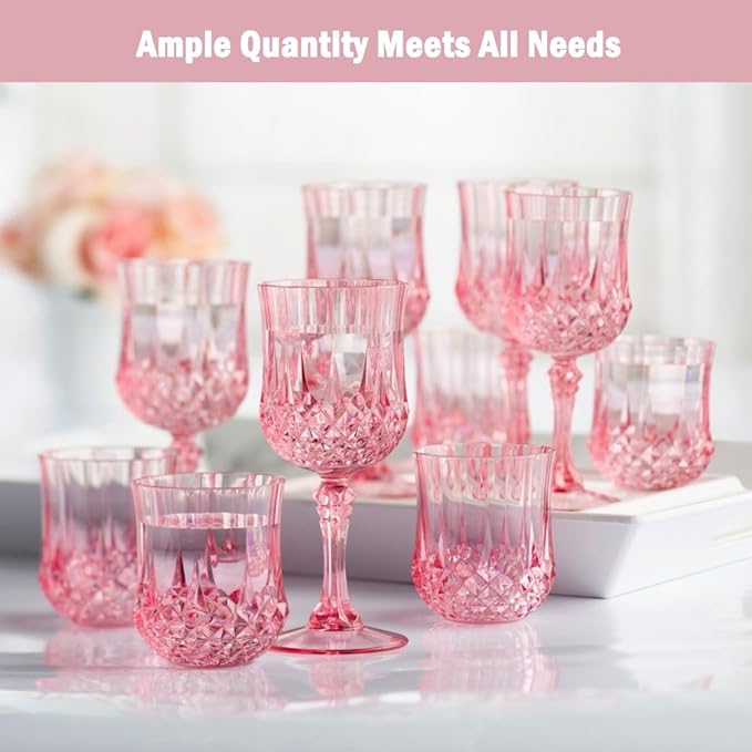 Plastic Wine Glasses, Plastic Goblets Vintage Style Cordial Unbreakable Drinking Glasses， Reusable Drinkware for Wedding Reception, Grand Event Party Supplies, Mother's Day(48, Pink)