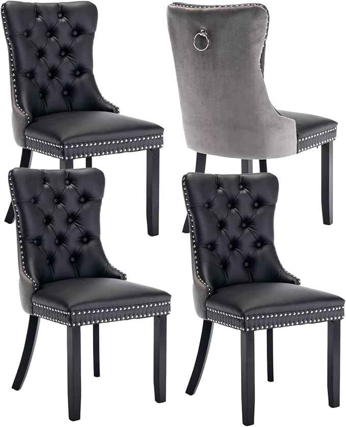 Dining Chairs Set of 4, Upholstered Dining Room Chairs with Back Ring Pull Trim and Solid Wood Legs, Modern Tufted Kitchen Chairs Perfect for Dining Room, Black Pu Leather Splicing Grey Velvet