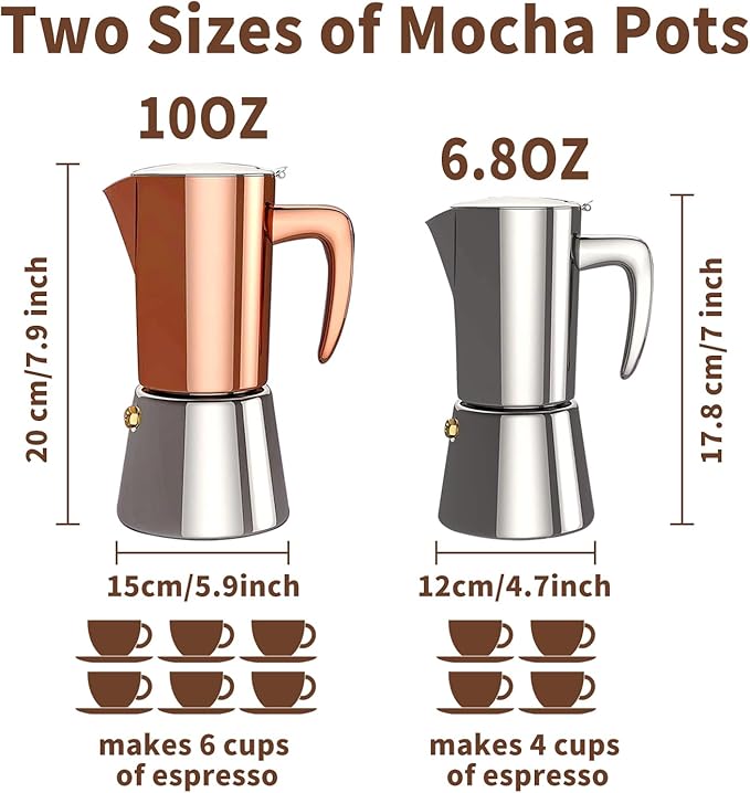 Moka Pot Espresso, Stainless Steel Italian Coffee Maker Stovetop Espresso Maker for Camping or Home Use, Induction Moka Pot 6 Cups (10oz/300ml), Black