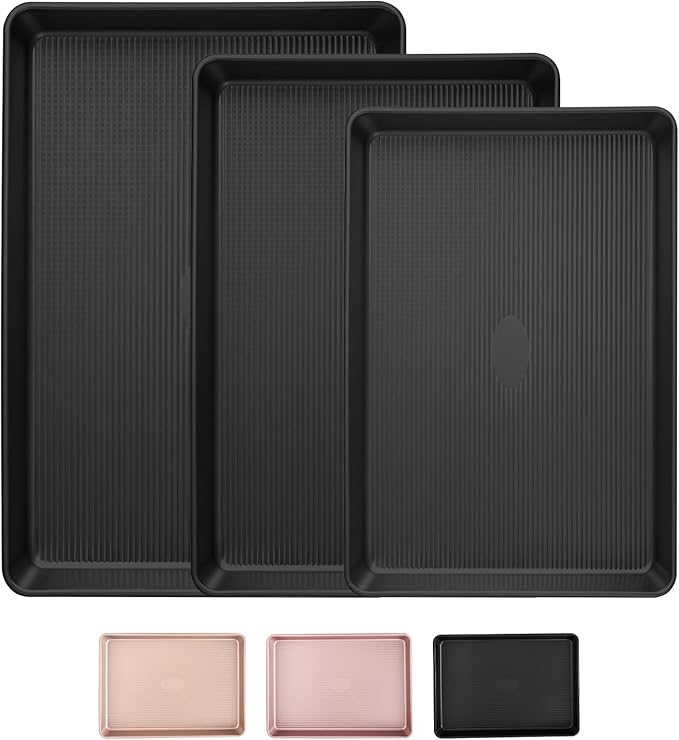 Sakerplus Nonstick Baking Sheet Pan Set of 3, Heavy Duty Cookie Sheets for Oven with Stripe Texture Pattern, 0.6mm Thick Quarter/Half/Jelly Roll Pans, Rust-Resistant & Easy Clean (Black)