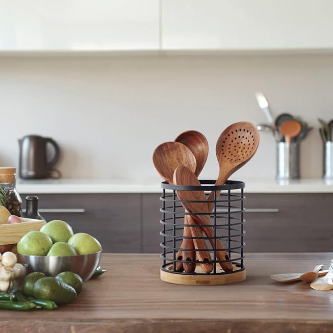 Utensil holder for Kitchen Counter - 5.2" x 5.2" x 6" Large Round with Wooden Base Matte Black Cooking Utensil Holder Utensil Organizer (Metal+Bamboo)