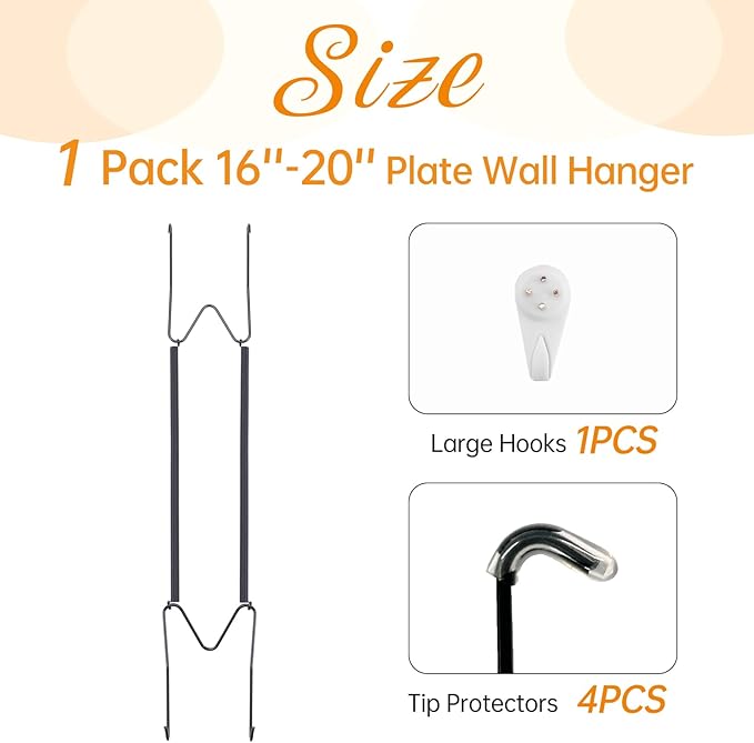 Plate Hangers for The Wall, Suitable for 16-20 inch Decorative Plate, Stainless Steel Wire Plate Holder with Wall Hooks and Rubber tip Protectors, Plate Hangers for Displaying Plates, Platter, Black