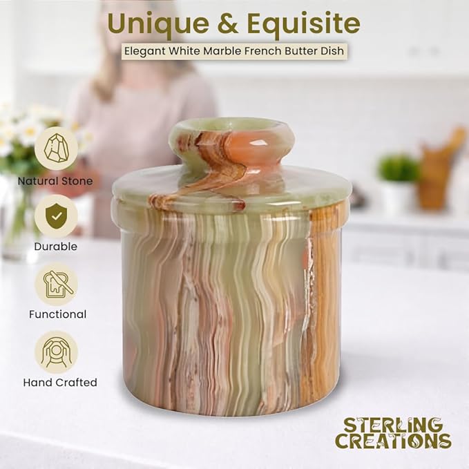 Handcrafted Round Marble Butter Keeper | Elegant Onyx Green French Butter Dish | Ideal Kitchen Storage for Soft Butter | Classic Breakfast Companion (Regular Size) (Marble)