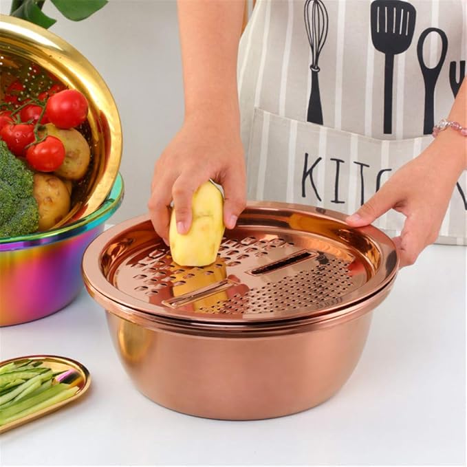 3-In-1 Multifunctional Grater Basin Colander Strainer Set, Mingcheng Stainless Steel Kitchen Grater/Drain Basket/Bottom Basin for Washing Rice, Fruits, Vegetable, Grater with Container (Rainbow)