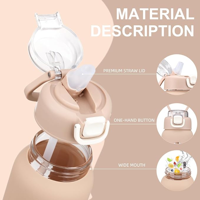 chunmo 32 oz Glass Water Bottles with 2 Lids-Handle Spout Lid & Straw Lid, 1 Liter Motivational Borosilicate Water Bottle with Time Marker and Silicone Sleeve,Leakproof-Amber-1 Pack