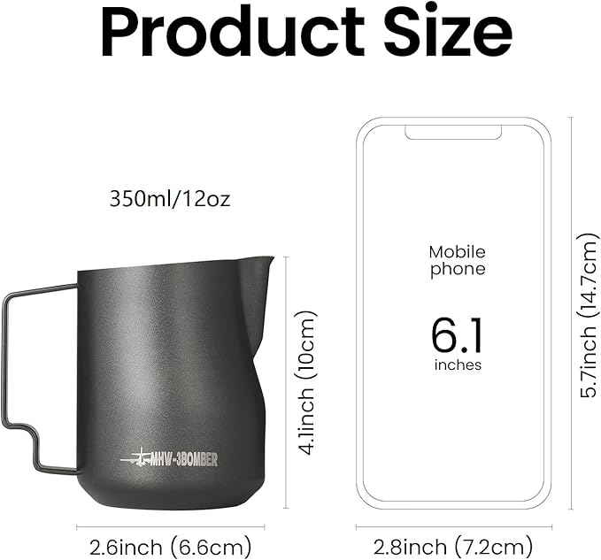 MHW-3BOMBER Milk Frothing Pitcher 12oz/350ml Milk Frother Cup Espresso Steaming Pitcher Stainless Steel Milk Frother Cup Barista Latte Art Round Spout Milk Jug White P6013W-OS