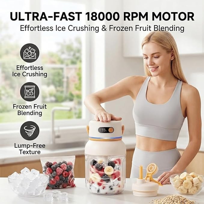 Portable Electric Juicer Cup with Zero Cord Hassle, 800-1200ML Personal Rechargeable Blender Portable for Shakes and Smoothies, with 36 Stainless Steel Blades, Straw and Two Lids (1000ML/35.27OZ)
