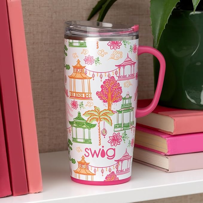Swig Life 22oz Travel Mug, Insulated Tumbler with Handle and Lid, Travel Coffee Mug, Cup Holder Friendly, Stainless Steel 22 oz Tumbler, Reusable Insulated with Lid (Pagoda Paradise)