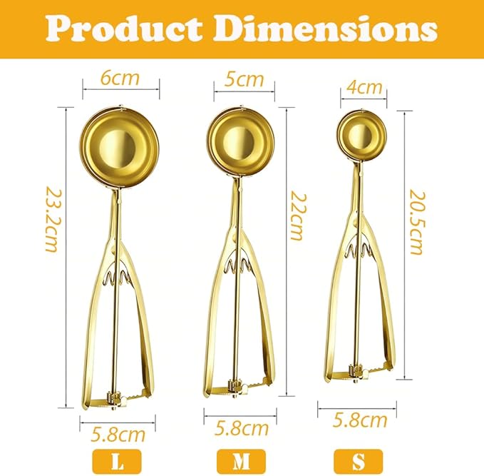 3 Pcs Ice Cream Scoop with Trigger Release, 304 Stainless Steel Cookie Scoops for Baking & Food Prep, Easy to Clean Dishwasher Safe Scooper for Ice Cream, Cookie Dough, Cupcakes, Fruit and Meatballs