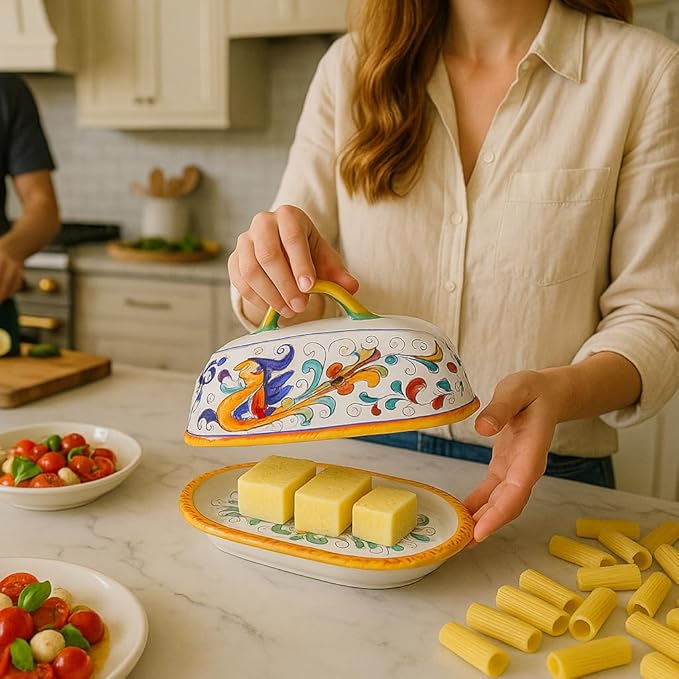 Deruta Italy Raffaellesco Butter Dish | 1 Piece 8.5 x 4 x 4.5 Inch| Handcrafted & Handpainted Italian Ceramics | Authentic Pottery Handmade Kitchen Container Display Renaissance Art Home Decor Gift