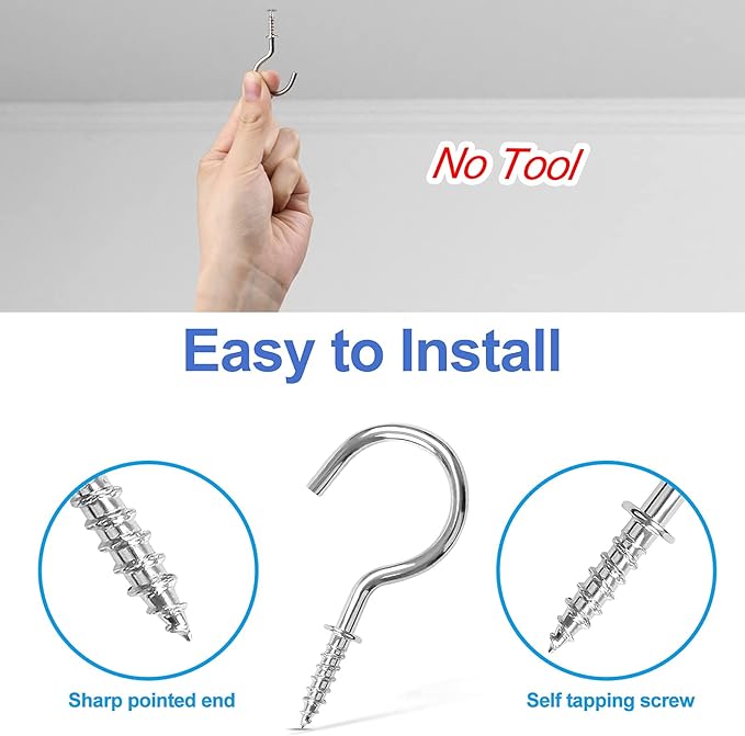Screw Hooks, 75PCS Sliver Cup Hooks, Small Screw in Hook for Wood, Metal Srew in Hook for Hanging Mug Key and Garden Lights(6 Sizes)