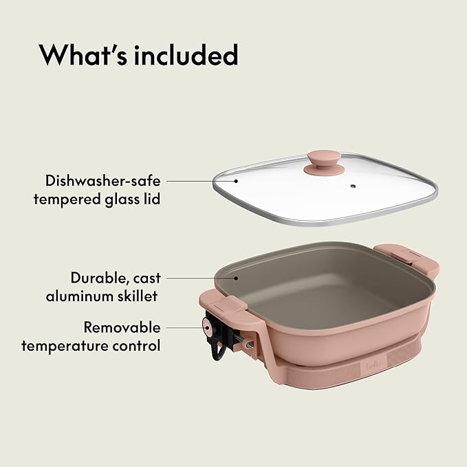 bella Make & Take Electric Skillet, Fits-anywhere™ kitchenware, EverGood™ Ceramic Coating, Adjustable Temperature & Dishwasher-Safe Tempered Glass Lid, Cast Aluminum Base, 1200 Watt, Blossom