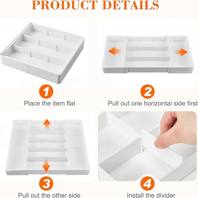 Briwooody 2 Pcs Large Expandable Acrylic Drawer Organizers, Grid Adjustable Drawer, Dividers Organizer for Desk, Makeup, Jewelry, Office, Kitchen Supplies (White,13 Compartments)
