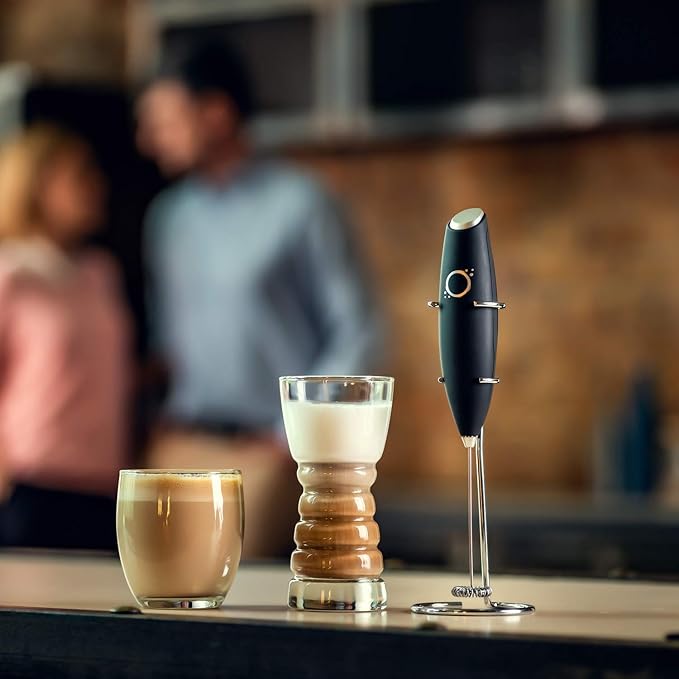 Unicoff Handheld Milk Frother with Stand – Electric Milk Frother for Coffee, Latte, Cappuccino & Matcha – Battery Operated Drink Mixer, BPA-Free Stainless Steel Whisk, Portable Mini Foam Maker (Black)