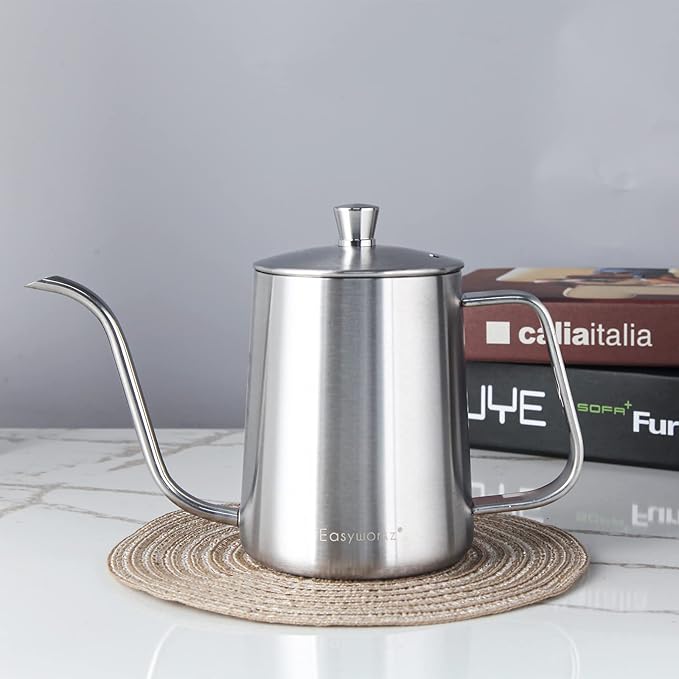 Easyworkz Nando French Press 34 oz, Bundled Gage Gooseneck Pour Over Coffee Kettle 12 oz Stainless Steel Hand Drip Long Narrow Spout, Silver