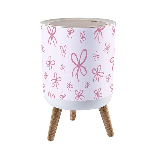 Trash Can with Lid Seamless Pink Ribbon Bow Press Top Round Small Garbage Bin with Wooden Legs Waste Basket for Kitchen Bedroom Nursery 7L/1.8 Gallon