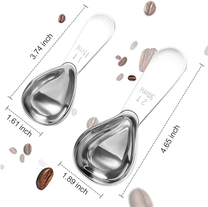 Safring Stainless steel coffee scoop 2-piece set (1 tbsp, 2 tbsp) durable Tablespoon, ergonomic measuring spoon, Suitable for small and large jars，short-handled spoon (Silver)