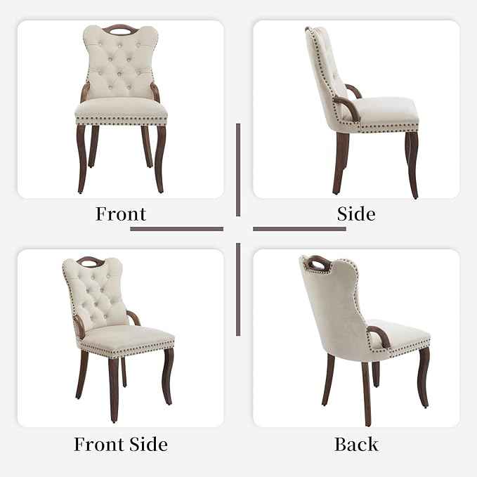 Beige Velvet Dining Chairs Set of 4，Modern Upholstered Dining Room Chairs with Tufted Back and Wood Accents, Curved Solid Wood Legs & Nailhead Trim, Sillas De Comedor Modernas 4