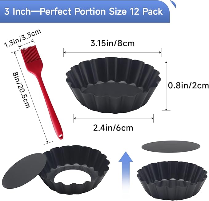 12PCS Egg Tart Molds with Removable Bottom, 3 Inch Mini Quiche Pans Nonstick Fluted Tart Pans with Silicone Basting Pastry Brush for Pie, Quiches, Tartlets