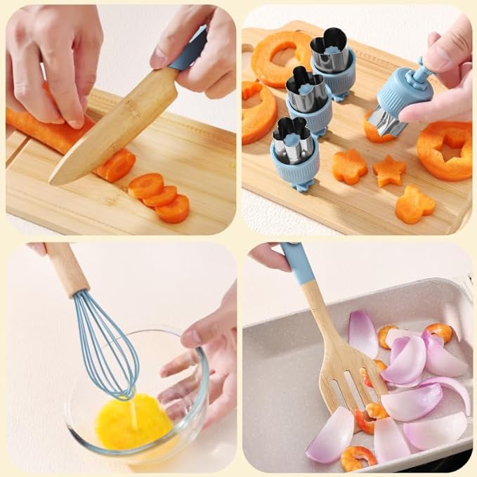 Wooden Kids Safe Knife and Kids Baking Set for Real Cooking, Toddler Montessori Kitchen Tools, Cooking and Baking for Kids Little Chefs Montessori Kitchen Tools for Toddlers-Kids Cooking Sets