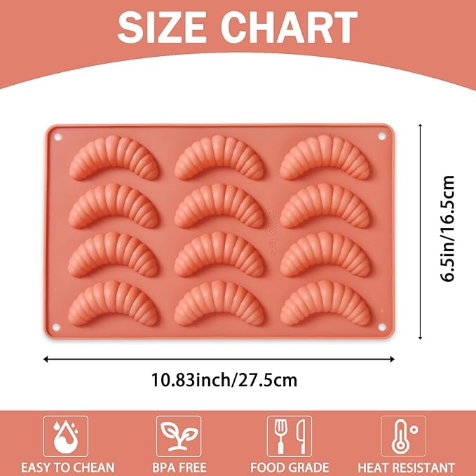 2PCS Silicone Croissant Molds, 12-Cavity Small Caterpillar Shaped Baking Pan for Cookie, Chocolate, Candy, Bread, Pastry, Cake Decoration