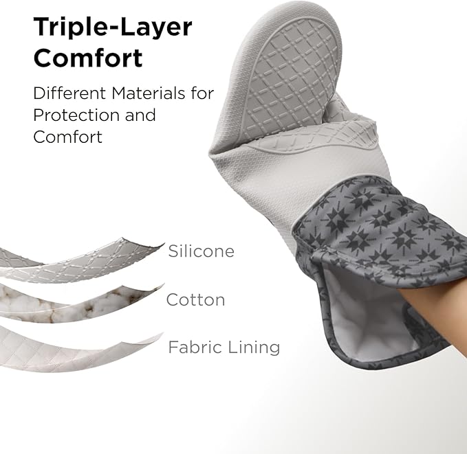 Kitchen Mama UltraShield Silicone Oven Mitts – Heat Resistant, Non-Slip Surface, Durable, Safe, Pot Holders, Flexible Waterproof Glove Set, Perfect for Cooking, Baking, Grilling, BBQ (Gem -Gray)