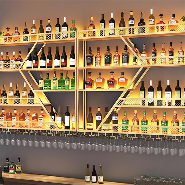 94.48in Metal Wine Rack Wall Mounted, Modern Wine Storage Rack Wall Mounted with Wine Glass Holder, Liquor Shelf, Bar Shelves for Liquor Bottles (3TIERS Gold, 94.48 * 7.87 * 33.85INCH)
