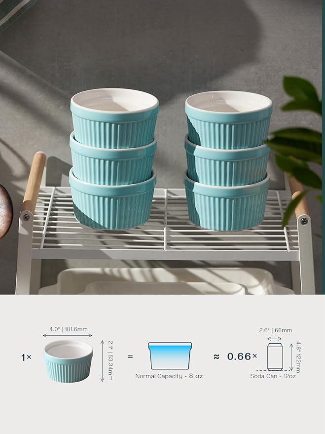 DOWAN 8 oz Ramekins - Ramekins for Creme Brulee Porcelain Ramekins Oven Safe, Classic Style Ramekins for Baking Souffle Ramekins Ramekins Bowls, Set of 6, Blue