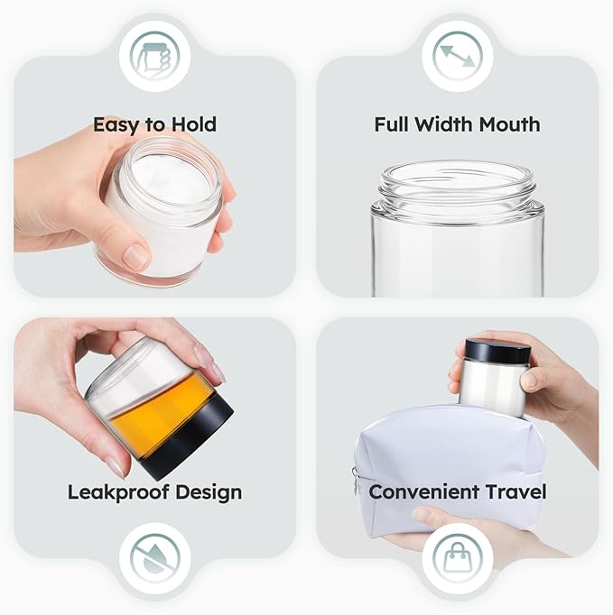 4 oz Glass Jars with Lids, 24 Pack Clear Small Glass Jars with Black Lids Leakproof Round Airtight Empty Cosmetic Travel Containers with Inner Liners For Lotions Powders and Candle Making