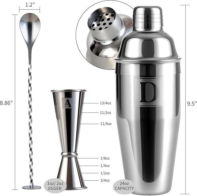 24oz Cocktail Shaker Set with 1 oz 2oz Jigger - Monogramm Initials Martini Shaker Set - 304 Stainless Steel Bar Shaker for Margarita,Mojito-Personalized Gift for Friend,Husband-U