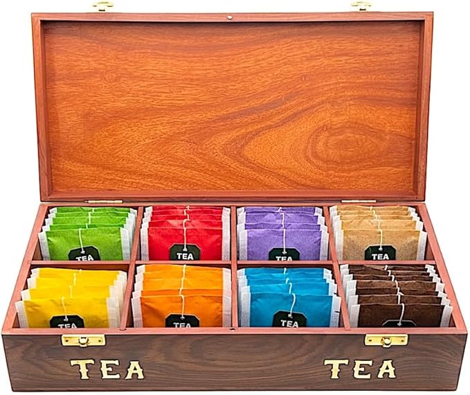 Wooden Tea Bag Storage Box – Sheesham Rosewood Tea Organizer with Brass Inlay, 8‑Compartment Tea Chest, Handcrafted Tea Box for Tea Lovers, Home Décor & Gifts