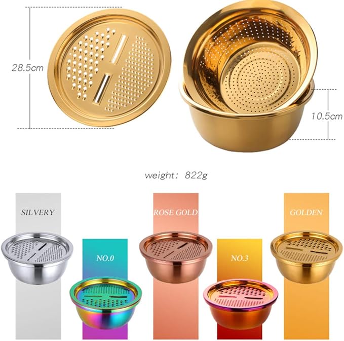 3-In-1 Multifunctional Grater Basin Colander Strainer Set, Mingcheng Stainless Steel Kitchen Grater/Drain Basket/Bottom Basin for Washing Rice, Fruits, Vegetable, Grater with Container (Silver)