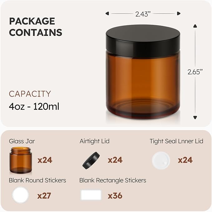 4 oz Glass Jars with Lids, 24 Pack Amber Small Glass Jars with Black Lids Leakproof Round Airtight Empty Cosmetic Travel Containers with Inner Liners For Lotions Powders and Candle Making