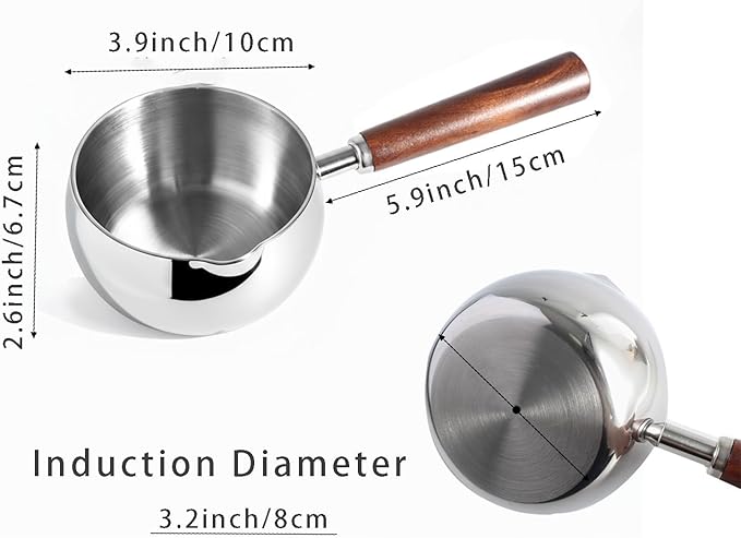 IMEEA 17oz Milk & Butter Warmer Pot SUS304 Stainless Steel Sauce Pot with Wooden Handle for Single Servings, Heating Milk, Melting Butter, Warming Sauces