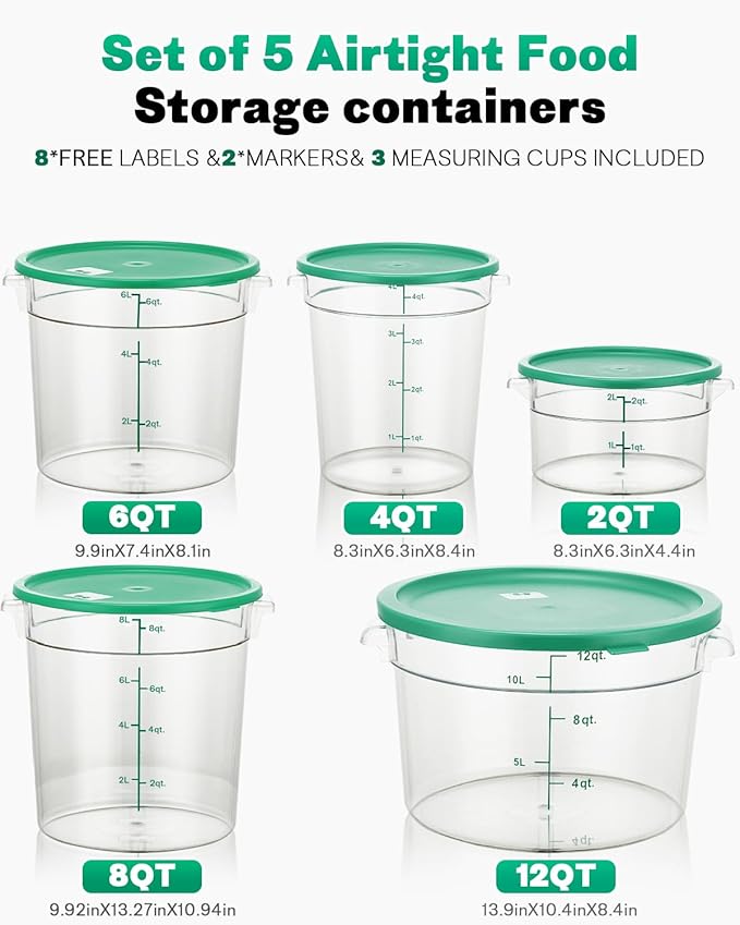 12QT NSF Food Storage Containers: 8 PCS [Food Grade][Hot&Cold Resistant] Commercial Clear Round Food Storage Containers with Scales Handles for Home Restaurant Kitchen Proof Dough(GREEN N)