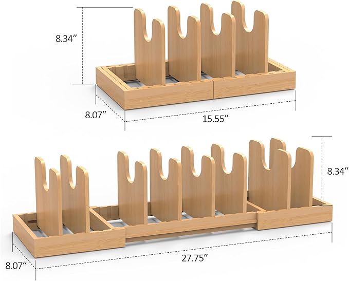 Expandable Pot Lid Organizer, Bamboo Pot and Pan Organizer for Under Cabinet, 16" to 28" Adjustable Length and 8pcs Dividers