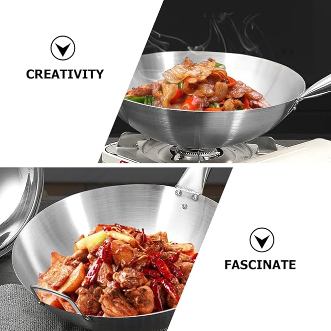 Wok Pan Stainless Steel Stir Fry Pans Wok Frying Wok Pan Induction Stove Wok with Wood Handle Cooking Skillet Cookware for Gas Induction or Electric Stove Wok