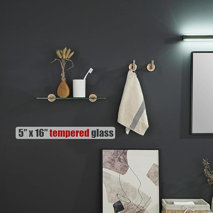JQK Bathroom Glass Shelf, Tempered Glass Shower Storage 16 by 5 inches, 304 Stainless Steel Champagne Bronze Wall Mount 2 Pack, TGS101L16-CB-P2