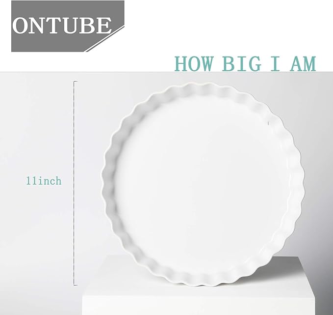 ONTUBE Pie Pans 11 Inches Ceramic Quiche Pans, Round Pie Tins for Baking,Oven Saf (White, 11" x 2 Pieces)