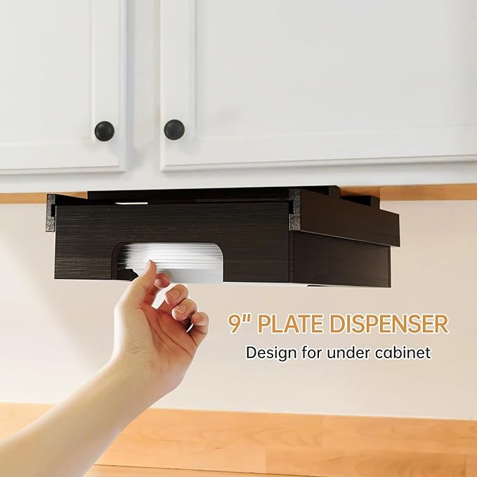 Paper Plate Dispenser, 9-inch Bamboo Paper Plate Dispenser Under Cabinet, Kitchen Counter Vertical Holder Organizer Countertop Caddy Black