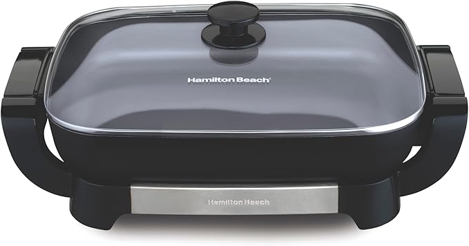 Hamilton Beach Electric Skillet with PFAS-Free Durathon Ceramic Coating, Removable 12x15” Pan, Adjustable Temperature, Reversible Design, Tempered Glass Lid, Black Nonstick Surface (38531)