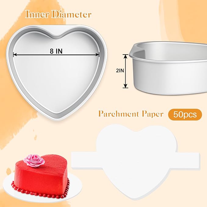 8 Inch Heart Shaped Cake Pan with 50 Pieces Parchment Paper,Non-stick Aluminum Heart Cake Pan Baking Tin for Birthday Wedding
