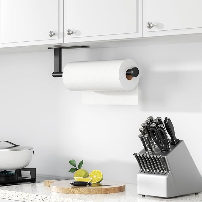 Paper Towel Holder Under Cabinet - Stainless Steel Paper Towel Holder Wall Mount, Self-Adhesive or Drilling, Matte Black Towel Rack for Kitchen Organization and Storage, Kitchen Paper Roll Holder