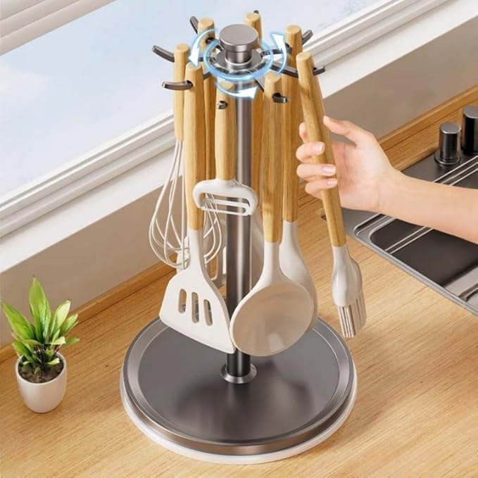 Rotatable Hanging Organizer with 8 Hooks for Kitchen Utensils, 360 Degree Swivel Countertop Holder for Cooking Tool Storage (White)