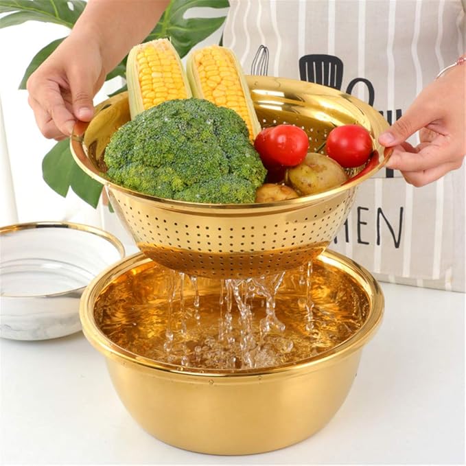 3-In-1 Multifunctional Grater Basin Colander Strainer Set, Mingcheng Stainless Steel Kitchen Drain Basket/Bottom Basin for Washing Rice, Fruits, Vegetable, Grater with Container (Gold)