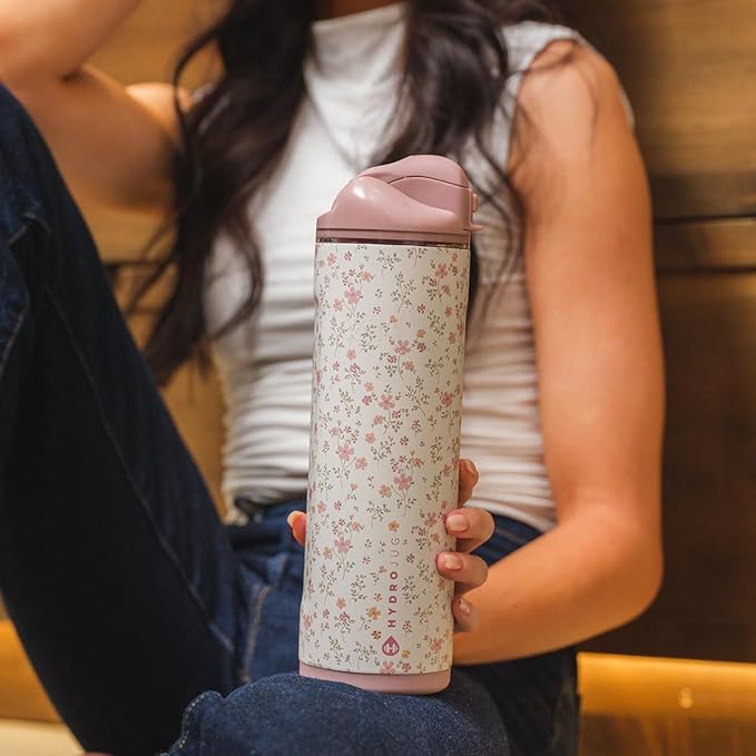 HydroJug Ease2o Water Bottle with Straw & Chug Lid, Stainless Steel, Vented Cap to Help Reduce Pressure, Water-Level Window, Cup Holder Friendly, Non-Slip Base – 24oz, Magnolia