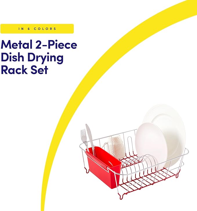 Sweet Home Collection Metal 2 Piece Dish Drying Rack Set Drainer with Utensil Holder Simple Easy to Use Fits in Most Sinks, 14.5" x 13" x 5.25", Red